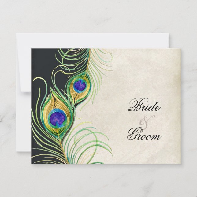 Plumes Peacock Aquarelle Noir Tan Damask RSVP (Devant)