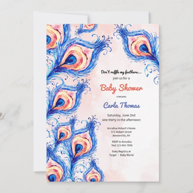 Plumes Peacock Invitation Baby shower (Devant)