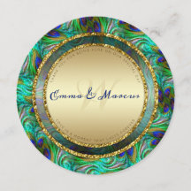 Plumes Peacock Or Mariage rond Cartes de menu