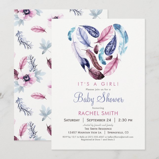 Plumes rose et violet Baby shower Invitation (Devant / Derrière)