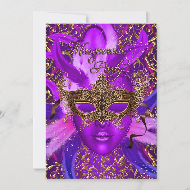Plumes violet & or Masque Masquerade Invitation de (Devant)