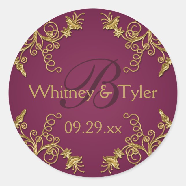 Plumweine und Goldfloral Damask 1,5" Aufkleber (Vorderseite)
