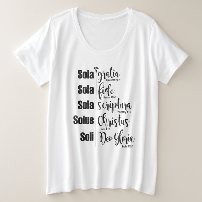 Plus-Groß weißes T-Shirt mit fünf Solas (Design vorne)