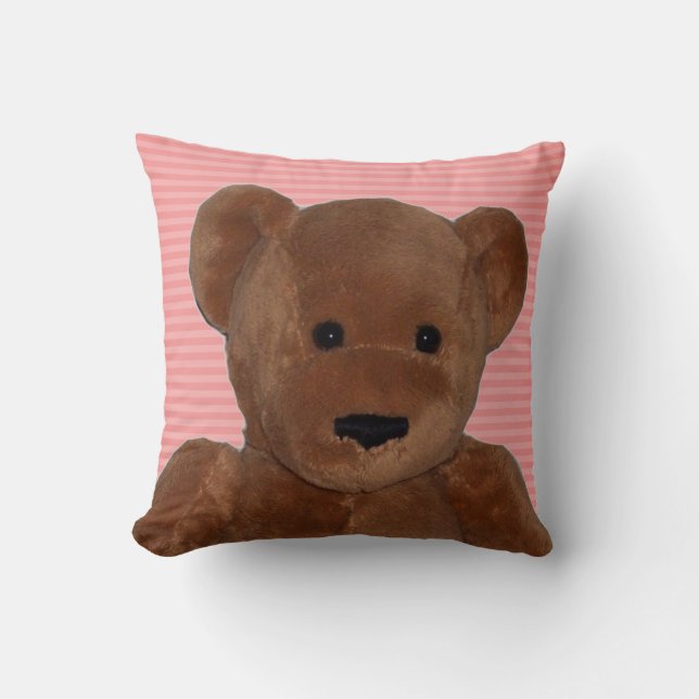 Plush Teddy Bear mit rosa gestreiftem Hintergrund Kissen (Vorderseite)