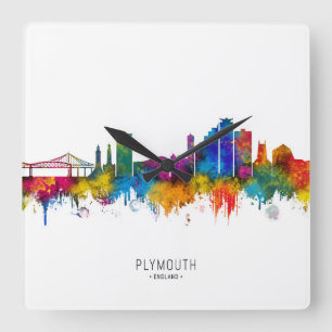 Plymouth England Skyline Quadratische Wanduhr