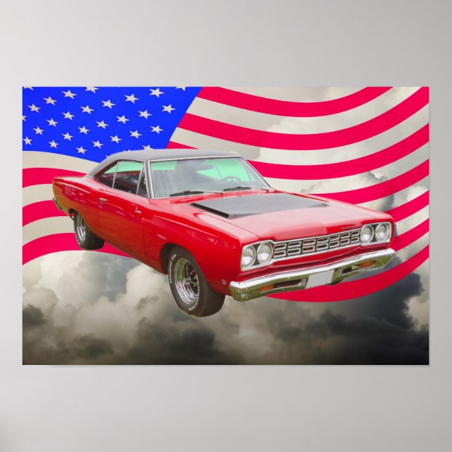 Plymouth Roadrunner 1968 und amerikanische Flagge Poster (Vorne)