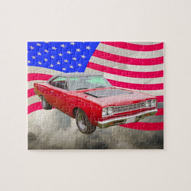 PlymouthRoadrunner 1968 und -amerikanische Flagge (Horizontal)