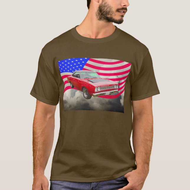PlymouthRoadrunner 1968 und -amerikanische Flagge T-Shirt (Vorderseite)