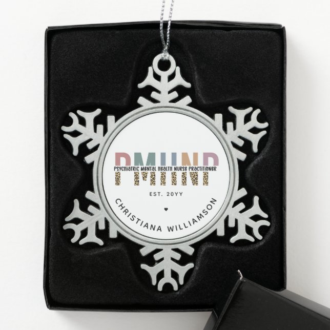 PMHNP Leopard Print Psychiatric Mental Health NP Schneeflocken Zinn-Ornament (Box)
