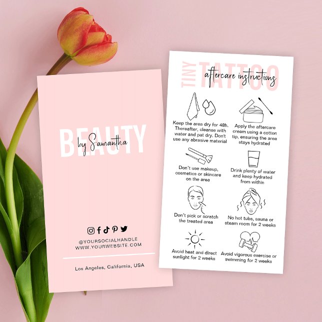 PMU Artist Tattoo nach Pflegeanweisungen Rosa Visitenkarte (Elegant tiny tattoo after care instructions business cards in pink and white or edit to any color)