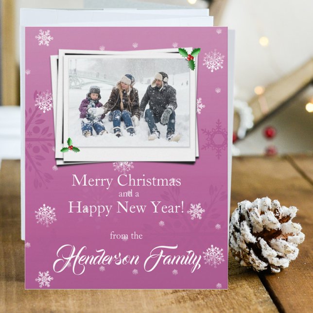 Pneus roses Carte photo de vacances plat (Pink Snowflakes Holiday Photo Card)