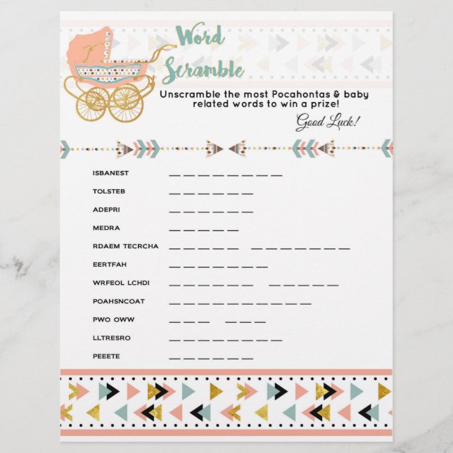 Pocahontas/Boho Baby Dusche Word Scramble Game Flyer (Vorne)