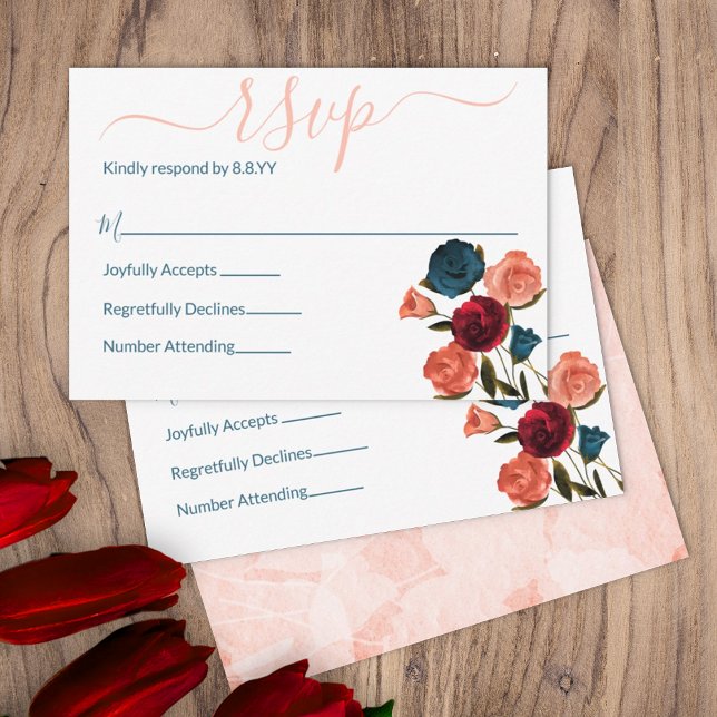 Poche, Bourgogne, Roses verts Turquoises Carte con (summer sangria wine burgundy red peach wedding rsvp enclosure cards outdoor garden wedding botanical)