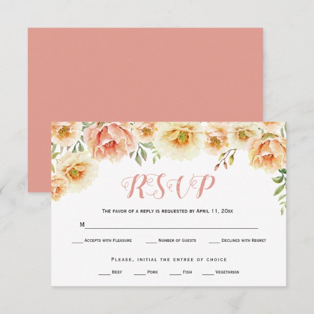 Pocher corail aquarelle fleurs mariage carte RSVP (Devant / Derrière)