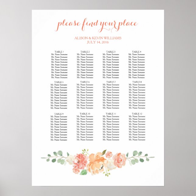 Pocher fleurs mariage tableau des places (Devant)