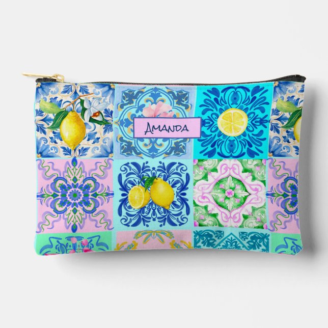 Pochette À Accessoires agrumes turquoise siciliens azulejo méditerranéen (Recto)