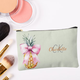 Pochette À Accessoires Ananas à ruban rose tropical monogramme vert sauge