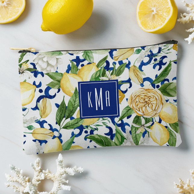 Pochette À Accessoires Aquarelle de la côte d'Amalfi Monogramme de citron (Créateur téléchargé)