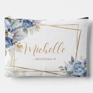 Pochette À Accessoires Aquarelle Dusty Blue & Gold Floral Bridesmaid