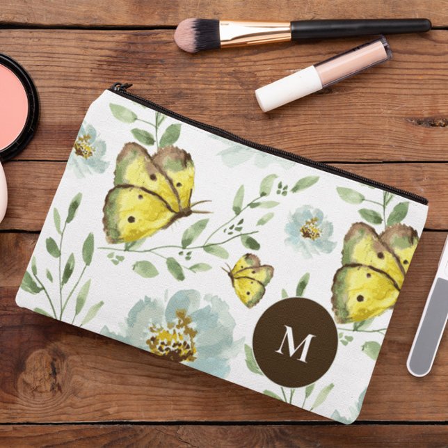 Pochette À Accessoires Aquarelle monogramme jaune Papillon floral (monogrammed butterfly floral pattern cosmetic pouch.)