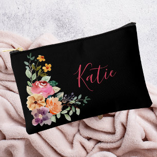 Pochette À Accessoires Aquarelle noire moderne Monogramme Floral Script