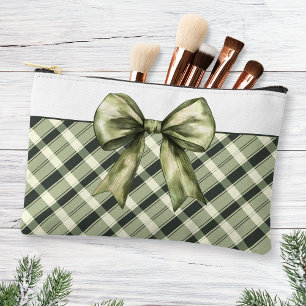 Pochette À Accessoires Aquarelle Olive Green Bow Plaid Moderne Rustique