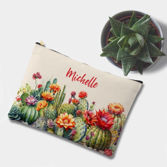 Pochette À Accessoires Beau Cactus Flower Avec Nom Grand (Créateur téléchargé)