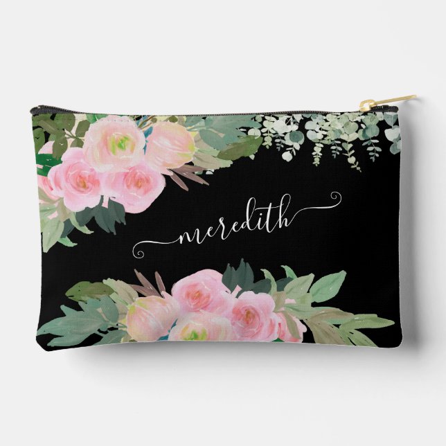 Pochette À Accessoires Belle aquarelle noir et rose Nom floral (Verso)