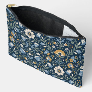Pochette À Accessoires Belles Fleurs Sauvages Scandinaves sur Fond Bleu M