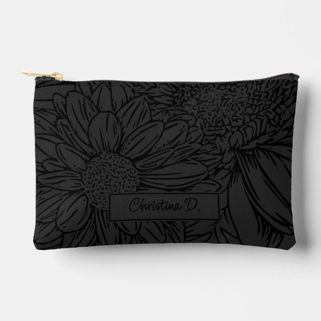 Pochette À Accessoires Black on Grey Chrysanthemums with Name (Recto)