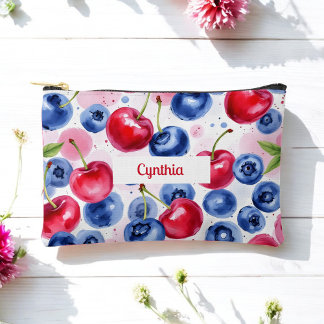 Pochette À Accessoires Blue Red Fruit Food Motif Berry Cherry