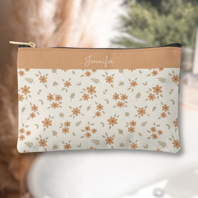 Pochette À Accessoires Boho Floral Neutral Ditsy Flower Print Name Beige (Créateur téléchargé)