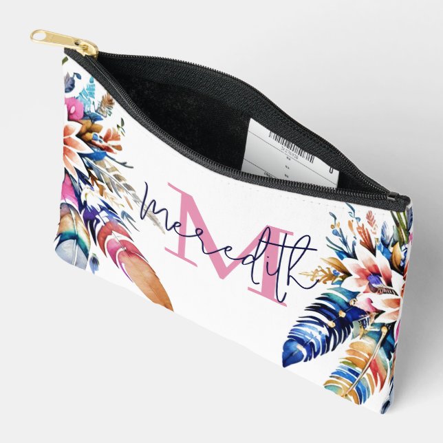 Pochette À Accessoires Bordure de plumes Boho personnalisée (Ouvrir)