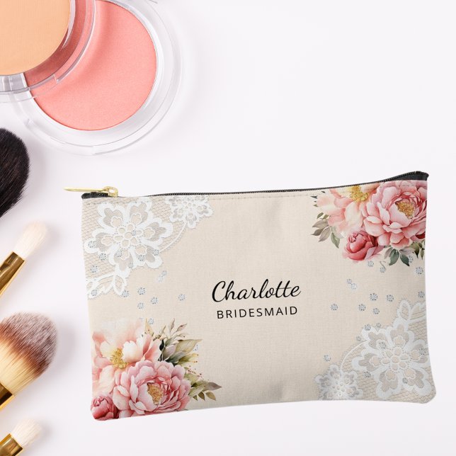 Pochette À Accessoires Bridesmaid rose floraux dentelle pêche beige (Créateur téléchargé)