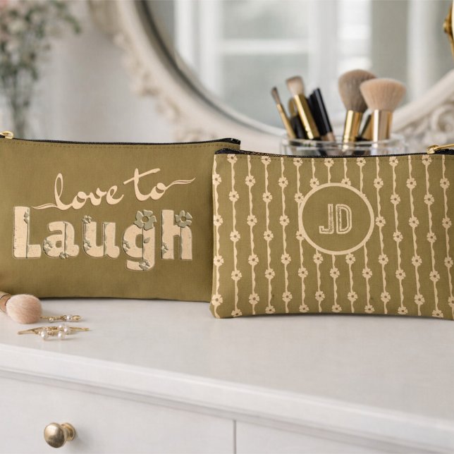 Pochette À Accessoires Brown Gold & Cream Large Text With Flowers (Cute two sided hand drawn slogan in cream with flower accents and custom initials on the back.)