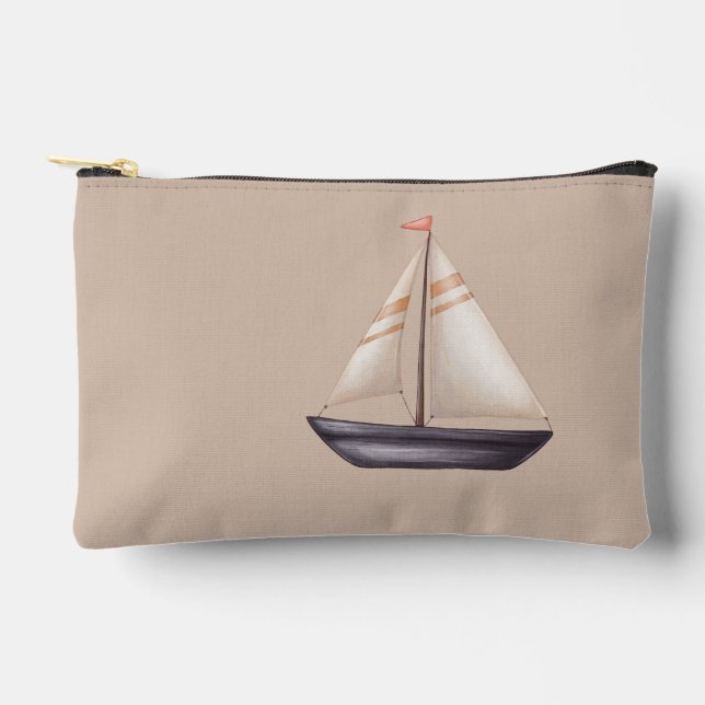 Pochette À Accessoires Brown Sailing Boat and Name on Beige (Recto)