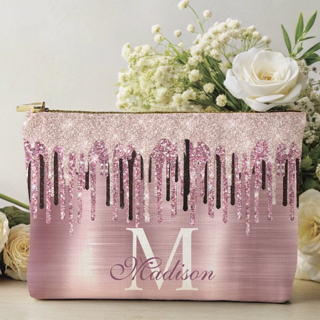 Pochette À Accessoires Carnet monogramme chic rose rose rousse goutte gou (Créateur téléchargé)