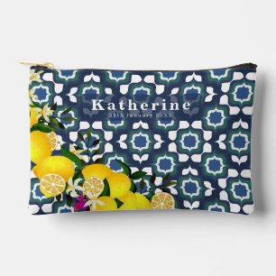 Pochette À Accessoires Carreaux Méditerranéens Citron Bleu Nuit Blanc