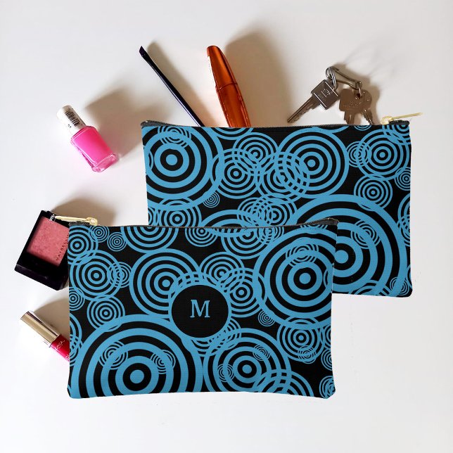 Pochette À Accessoires Cercles bleus modernes et tendance sur monogramme  (Créateur téléchargé)