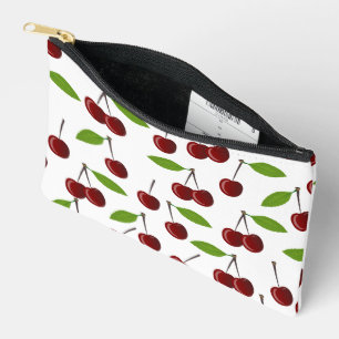 Pochette À Accessoires Cerise Rouge, Motif De Cerises, Feuilles, Fruits