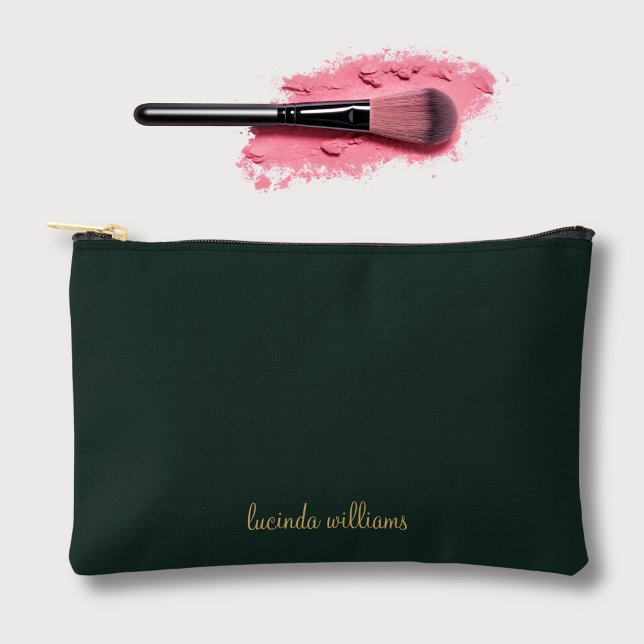 Pochette À Accessoires Charbon vert | Chic Gold Script Monogramme (Créateur téléchargé)