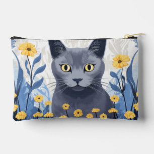 Pochette À Accessoires Chat Bleu Russe Fleurs Jaunes