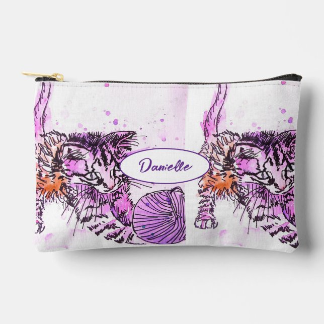 Pochette À Accessoires Chat motif tabby violet aquarelle chats filles (Recto)