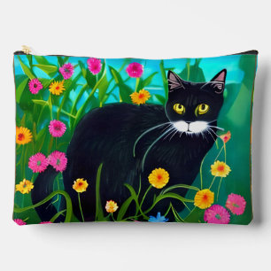 Pochette À Accessoires Chat noir dans un jardin fleuri coloré