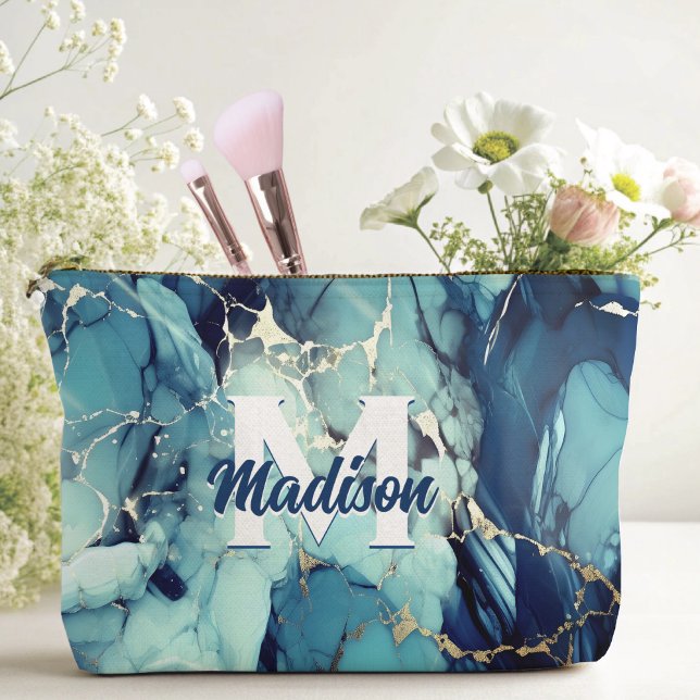 Pochette À Accessoires chic aqua bleu marbre faux or parties scintillant  (Créateur téléchargé)