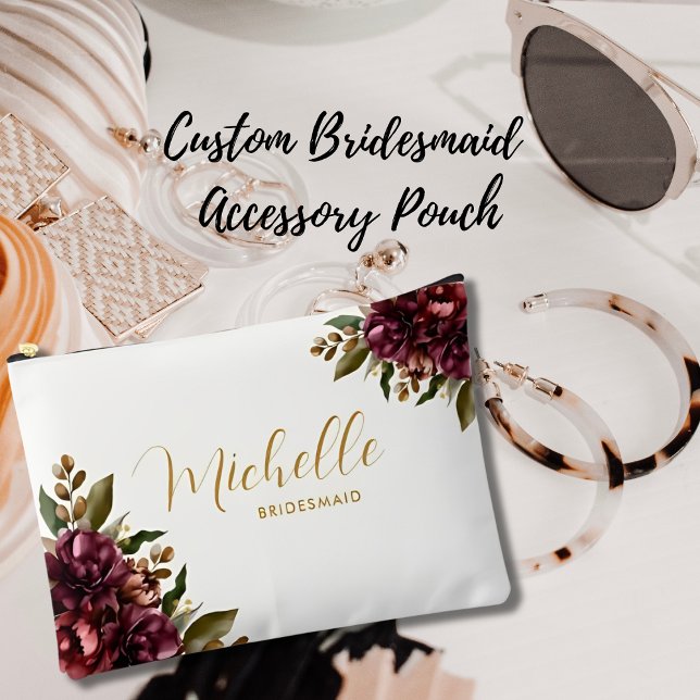 Pochette À Accessoires Chic Aquarelle Bourgogne Floral Bouquet Bridesmaid (Créateur téléchargé)
