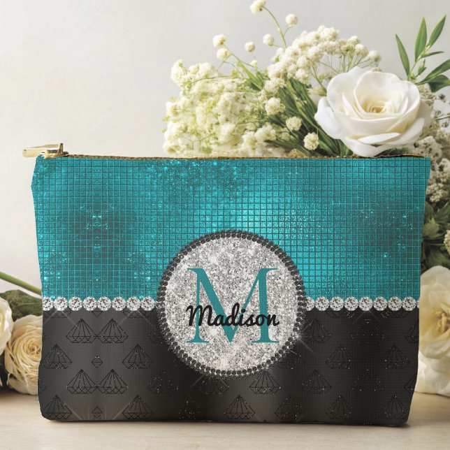 Pochette À Accessoires Chic faux Parties scintillant argent Turquoise noi (Créateur téléchargé)