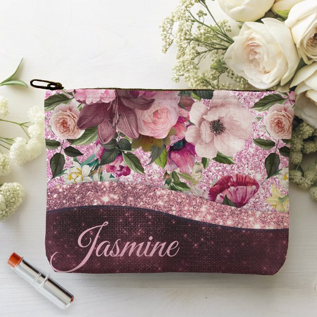Pochette À Accessoires Chic floral Bourgogne rose violet parties scintill (Créateur téléchargé)
