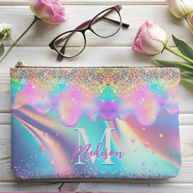 Pochette À Accessoires Chic holographique parties scintillant goutte mono (Créateur téléchargé)