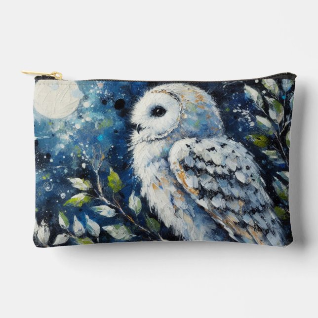 Pochette À Accessoires Chouette blanche sur branche dans la peinture lune (Recto)
